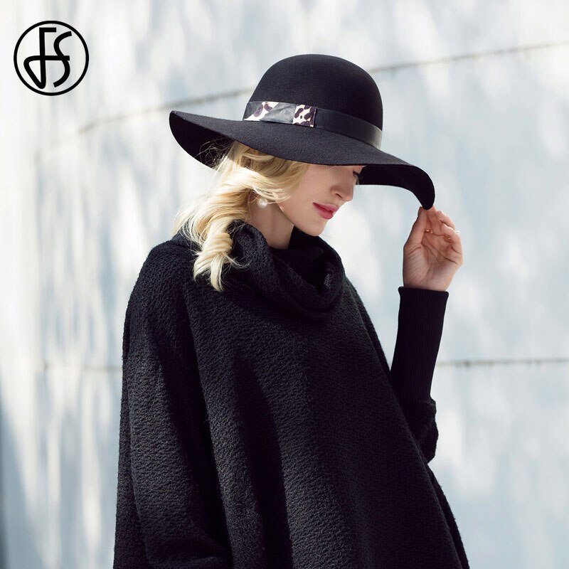FS Winter Black Hat For Women Big Wool Fedora Hats With Leopard Belt Cloche Felt Wide Brim Bowler Hats Ladies Derby Fedoras