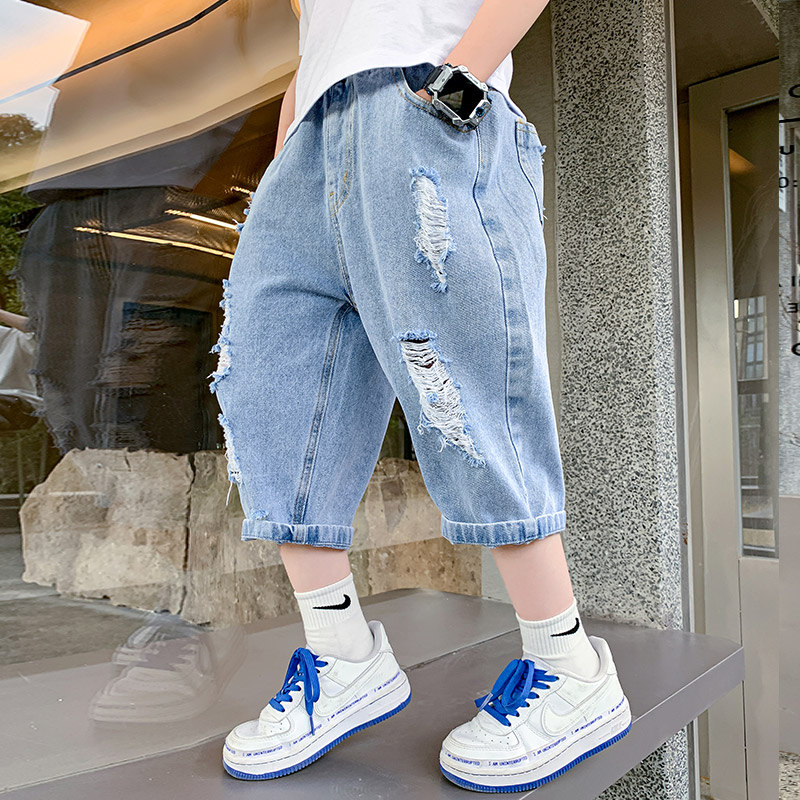 Pantalones cortos vaqueros rasgados para niños, de verano, de , con agujeros rotos, para adolescentes de 5 a 14 años
