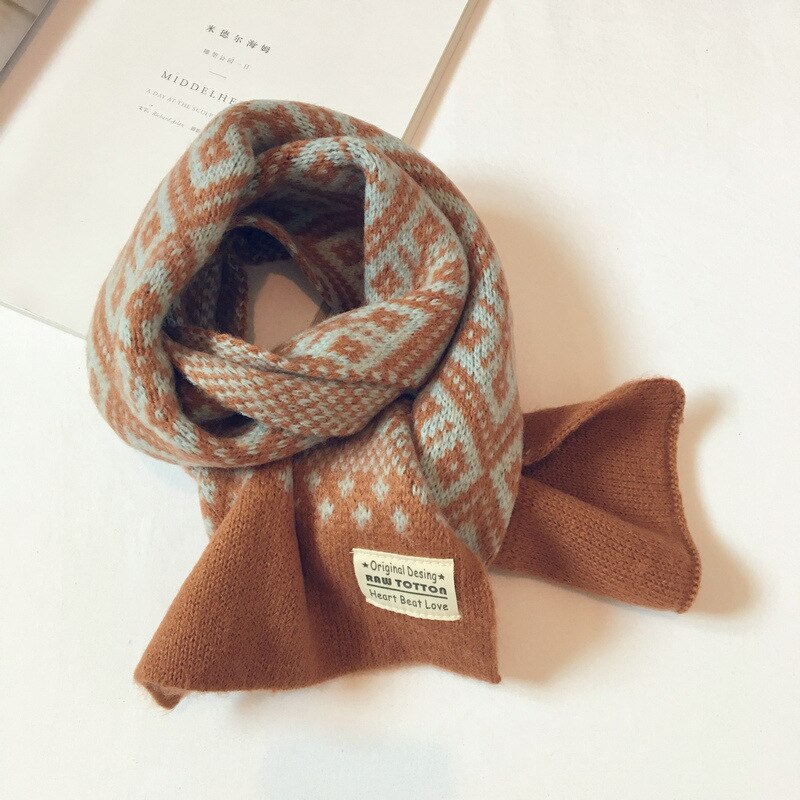Höst vinter barn scarfs för flickor pojkar retro geometriskt mönster ull stickad baby scarf varm sjal barn halsdukar: Brun / Polyester