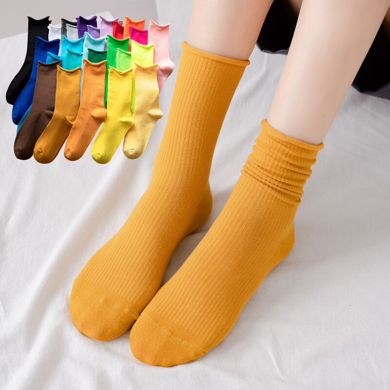 Chaussettes fluorescentes colorées pour femmes, amples, couleur d&#39;hiver, chaudes, confortables, tricotées, chaussettes longues en coton, confortables à rayures