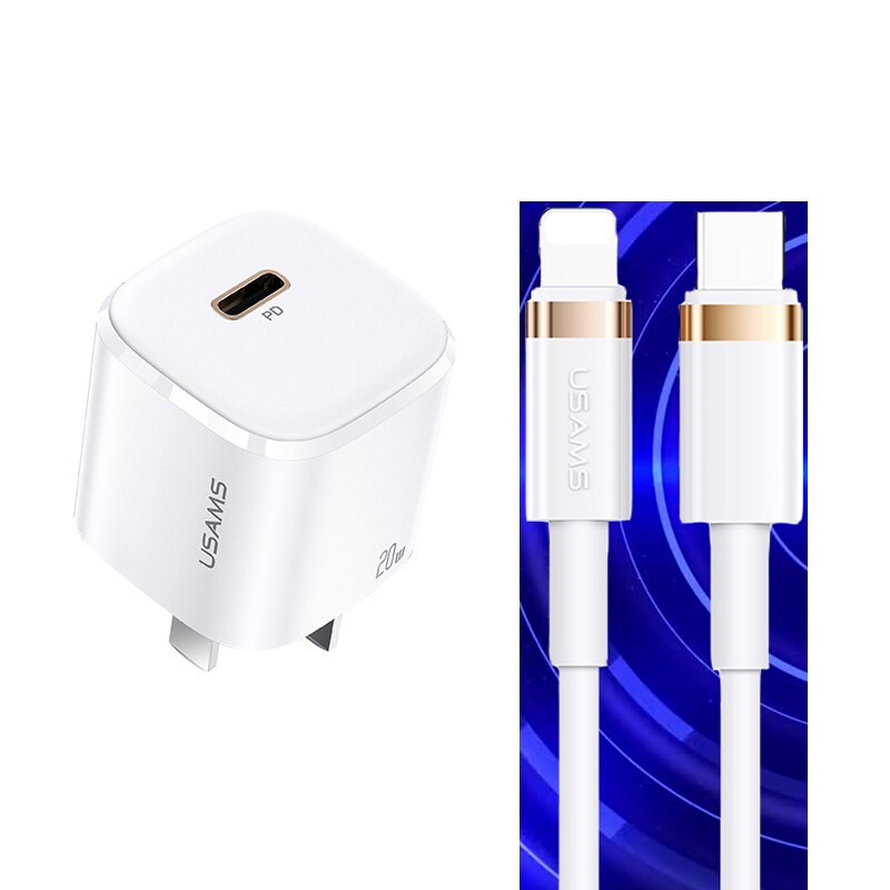 Usams 20W Mini Pd Snel Opladen Telefoon Oplader Met 100W Kabel Set Voor Iphone 12 Mini Pro Max ipad Pro Apple Draagbare Oplader: White CN Kit