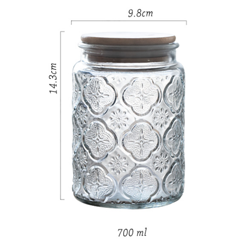 Relief Glass Storage Jar Carved Flower with Wooden Lid Sugar Crystal Jars Seal Tea Caddy Grain Dispenser Kitchen Supplies: B-1Bamboo cover