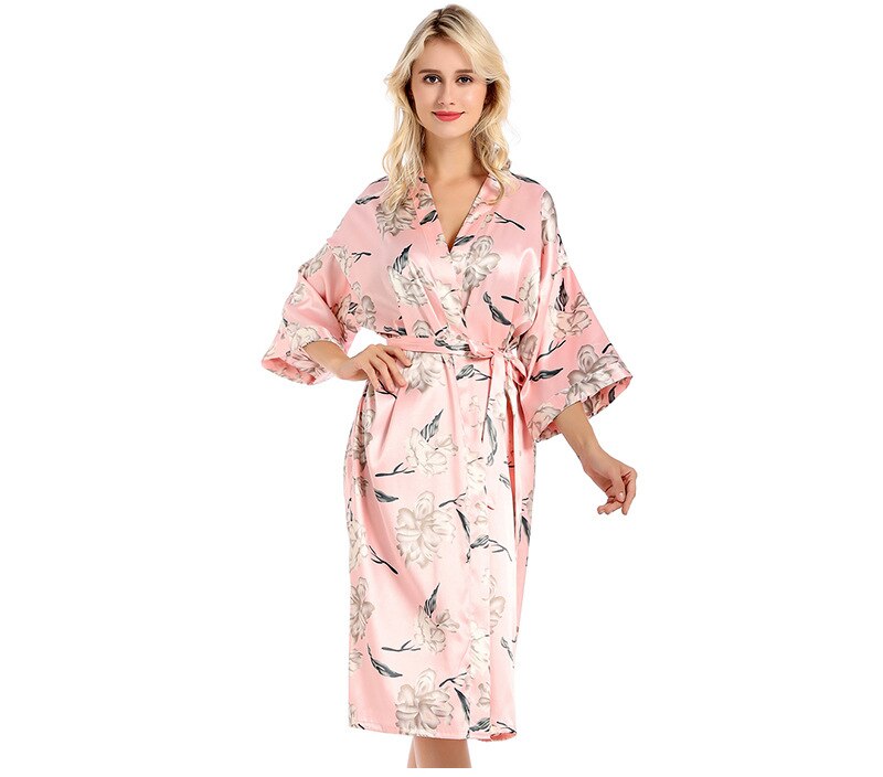 Floral Robes Floral Satin Silk Bridal bride bridal bridesmaid Kimono Robes party robe Women Brthrobe Dressing Gown: pink / S