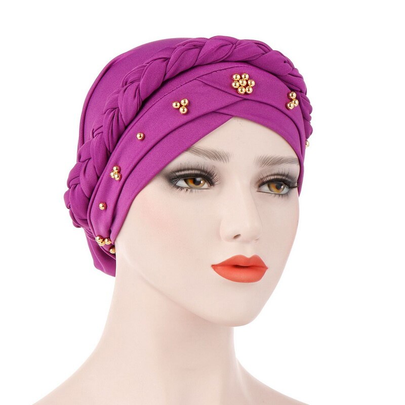 Kvinnor muslimska turban keps enfärgad bandanas pärlstav fläta pärlor dekor hatt: 5