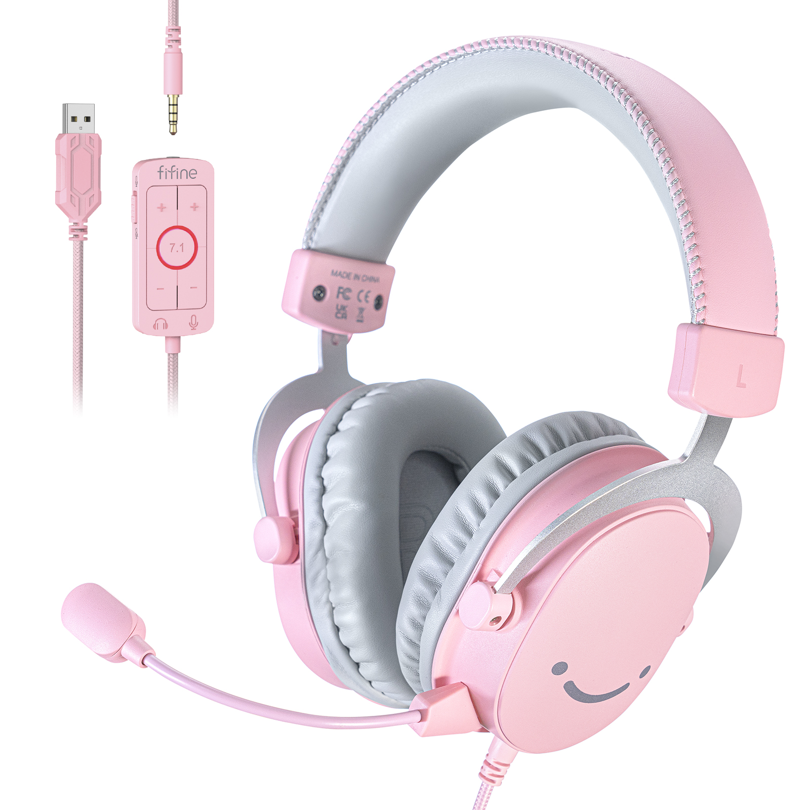 Zestaw słuchawkowy FIFINE USB do gier z dźwiękiem przestrzennym 7.1/gniazdem 3,5 mm/mikrofonem, przewodowe słuchawki nauszne do komputera PC PS4/5 Xbox Ampligame H9W: Różowy