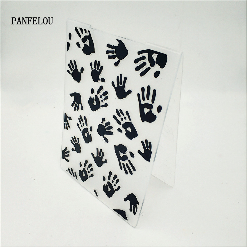 PANFELOU palm van je hand gedrukt Embossing mappen Plastic Voor Scrapbooking DIY Template Fondant Cake Fotoalbum Kaart Maken