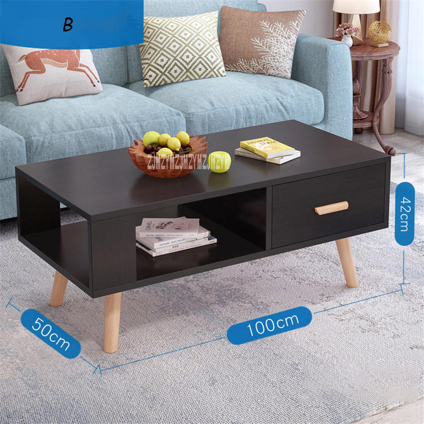 BO-003 Minimalist Modernity Living Room Tea Table Rectangular Side Table 1-Drawer Modern Teapoy Solid Wooden Leg Coffee Table: B