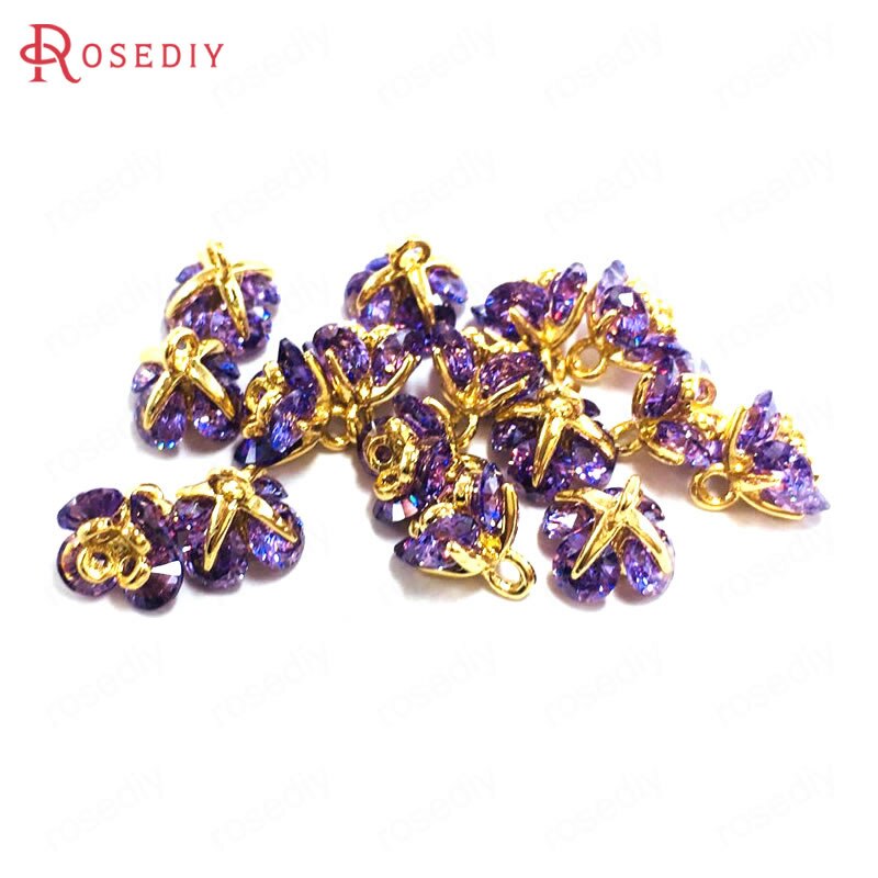 (37101)6PCS 7x7MM 24K Champagne Gold Color Brass and Zircon 3D Flower Charms Pendants Jewelry Making Supplies Diy Accessories: Purple