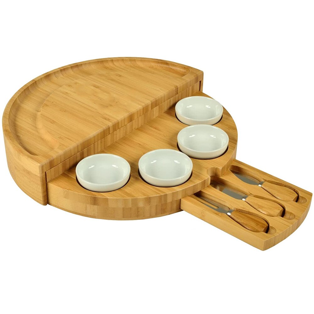 Bamboo Cheese Cutting Board Set Cutlery Cutter Charcuterie Board Set With Slide Out Drawer Cooking Tools Slicer Fork Scoops Cut