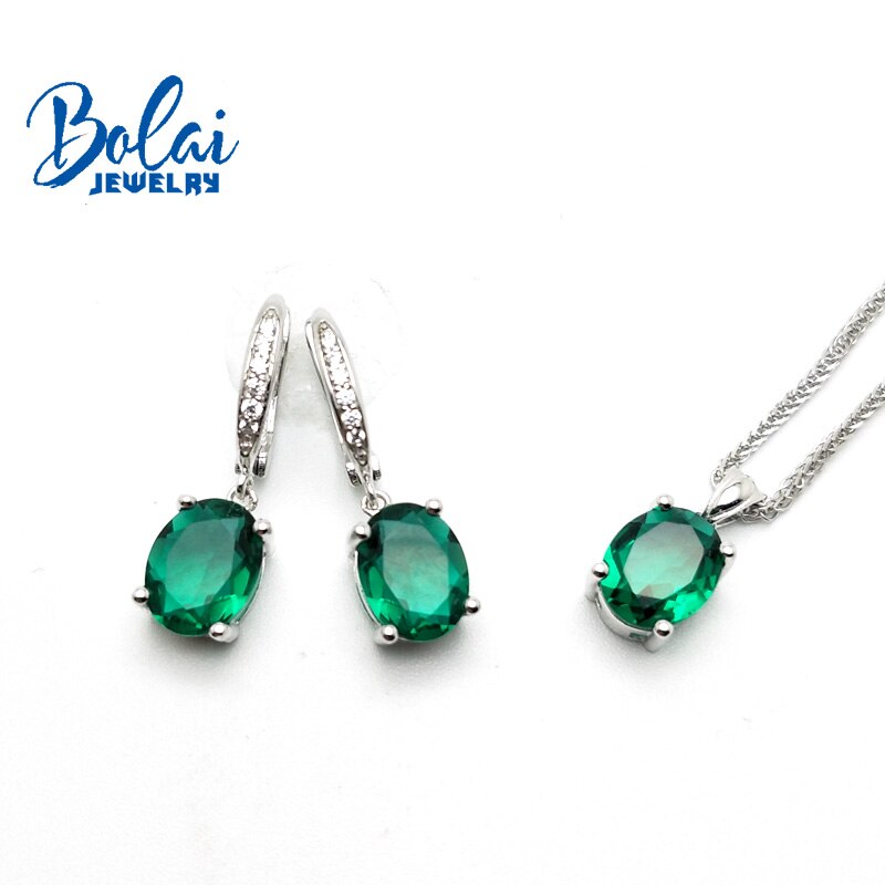 Bolaijewelry, Created green emerald oval 7*9mm earring pendant 925 sterling silver fine jewelry for women best