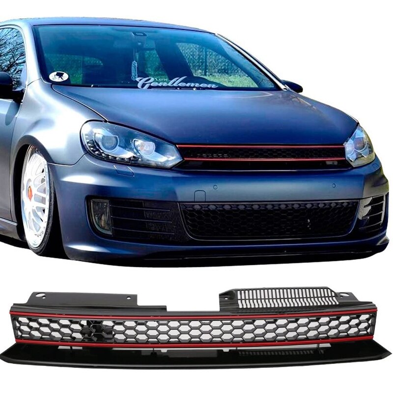 Grille for-Golf 6 MK6 , ABS Plastic Black & Red Trim Front Bumper Grill Hood Mesh