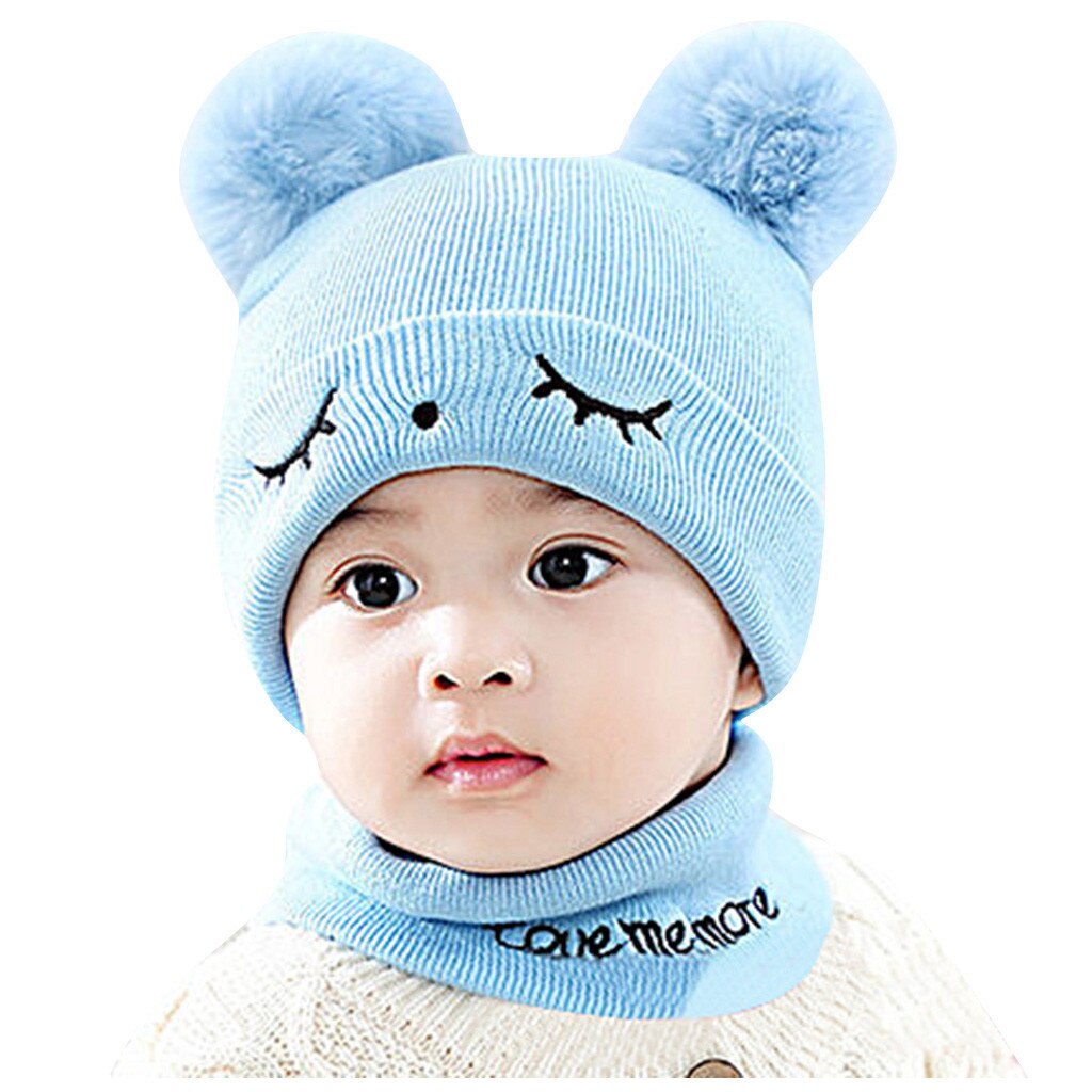 -né bébé enfants filles garçons hiver tricot chapeau fourrure boules pompon solide mignon belle bonnet # P30: Bleu