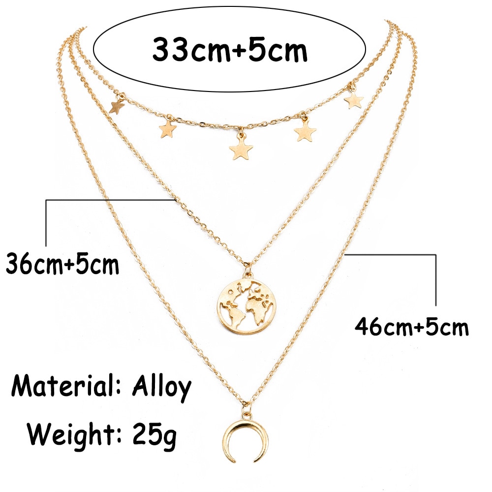 Vintage Ster Kaart Maan Ketting Voor Vrouwen Mode Goud Kleur Ketting Meerdere Lagen Hanger Lange Kettingen Boho Sieraden