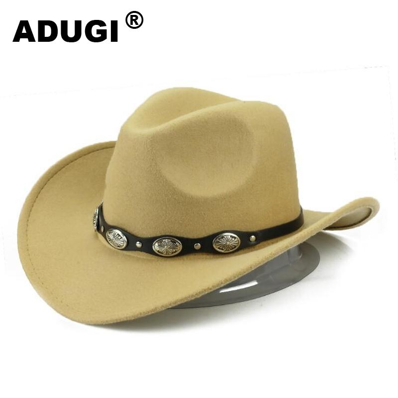ADUGI punk styl kapelusz kowbojski jesienno-zimowy wełniany filcowy kapelusz mężczyźni i kobiety jazzowy kapelusz brytyjski pas metalowy retro kapelusz: żółty