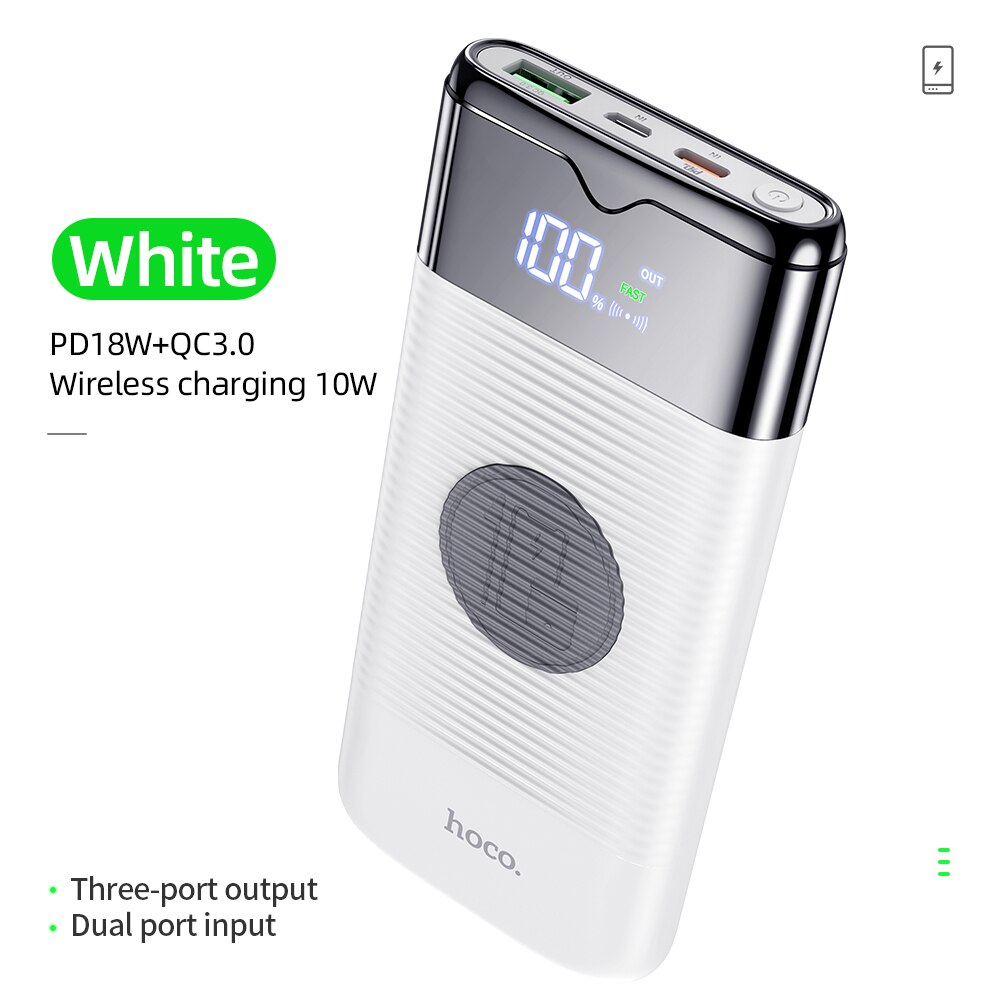 Hoco 10000mAh batterie d'alimentation chargeur sans fil batterie d'alimentation PD + QC3.0 18W charge rapide USB Powerbank batterie externe pour iphone Xiaomi: WHITE
