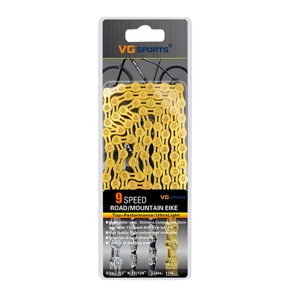 VG Sports Bicycle Chain 8 9 10 11 Speed Bicycle Chain Ultralight Bike Chain 116 Links MTB Road Bike Half Hollow Chain Bike Tools: Gold 9S