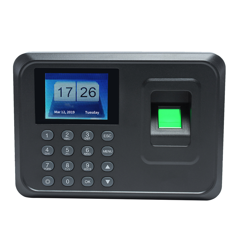 A5 2.4in biometrisk fingeraftryk tid tilstedeværelse system ur optager kontor tft optageenhed elektronisk maskine: Sort