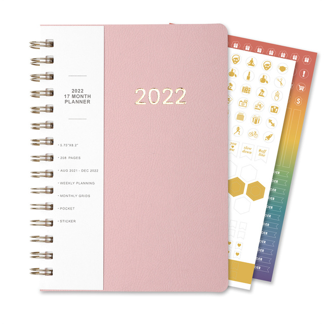 A5 2022 Diary Weekly Planner Agenda Spiral Organizer Notebook Index Sticker Goals Habit Schedules Stationery School Supplies: Pink