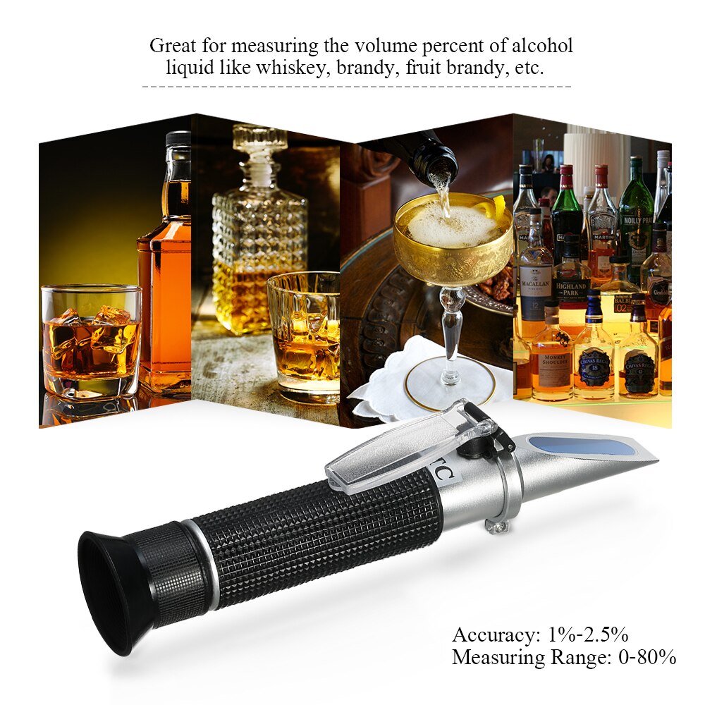 Portable ATC Alcoholometer Alcohol Refractometer Liquor Volume Percent Tester with 0-80% Measuring Range