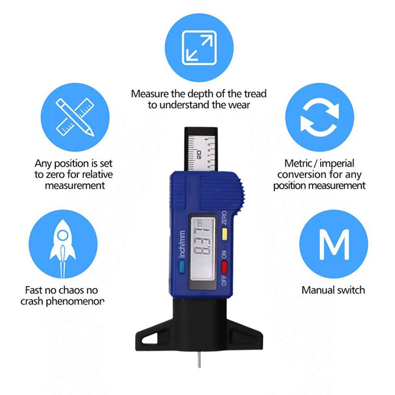 Digital Car Tyre Tire Tread Depth Gauge Meter Auto Wear Detection Measuring Tool Caliper Thickness Gauges Monitoring System 1 Pc