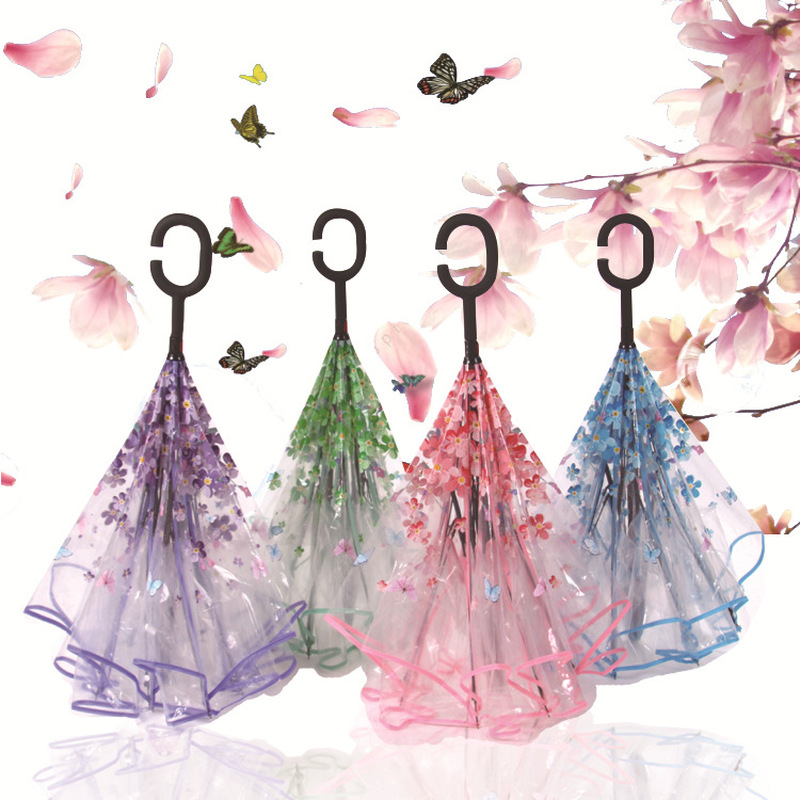 Parapluie Transparent inversé Sakura pour femmes, Double couche, poignée en C, coupe-vent, parapluie pliable, équipement de pluie