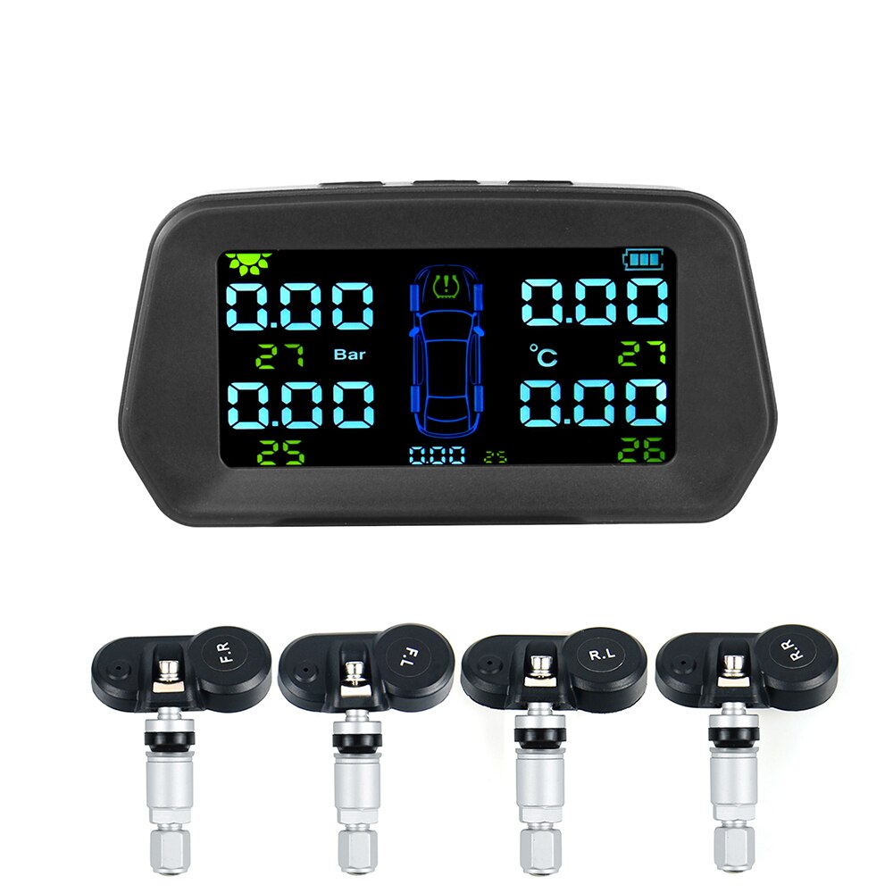 Tpms Bandenspanning Alarm Monitor Solar Power Tyre Pressure Monitoring System Met 4 Externe Sensoren Auto Alarm Security