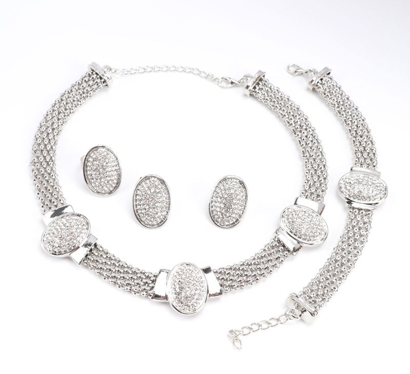 Ovale forme argent plaqué cristal ensemble de bijoux de mariage mariée africaine bijoux fantaisie ensembles pour les femmes: white