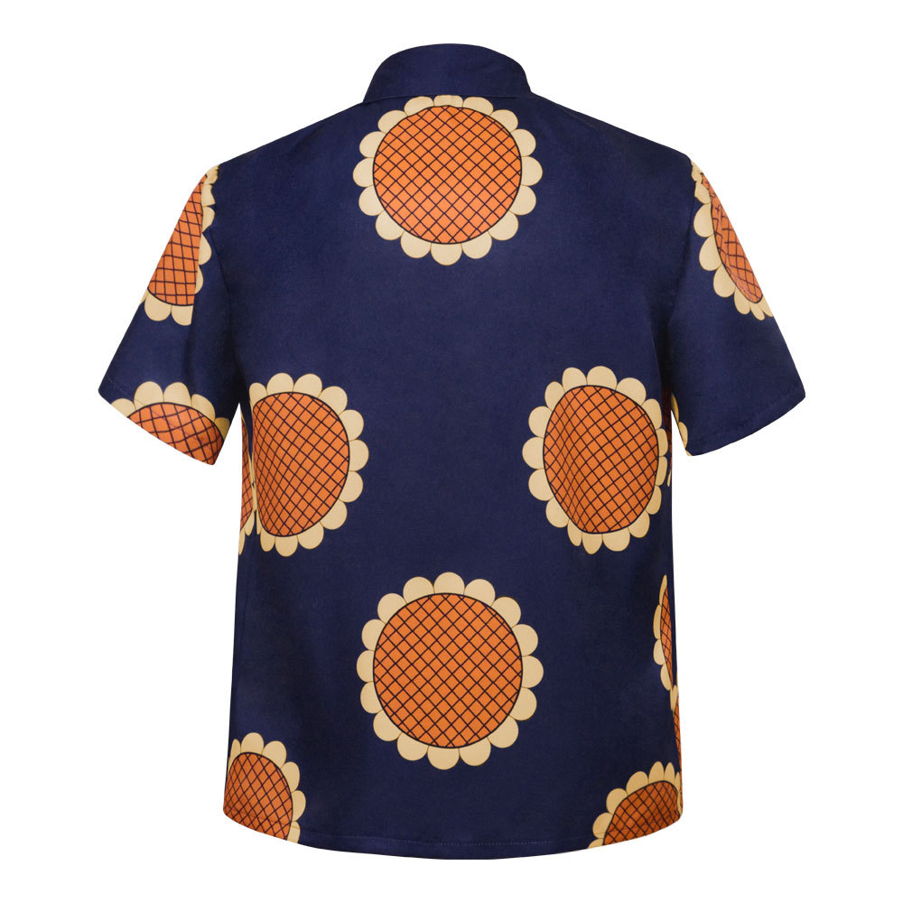 Hommes Anime Luffy Cosplay chemise été tournesol imprimé bleu haut décontracté T-Shirt Halloween fête singe D Luffy chapeau de paille chemise costume