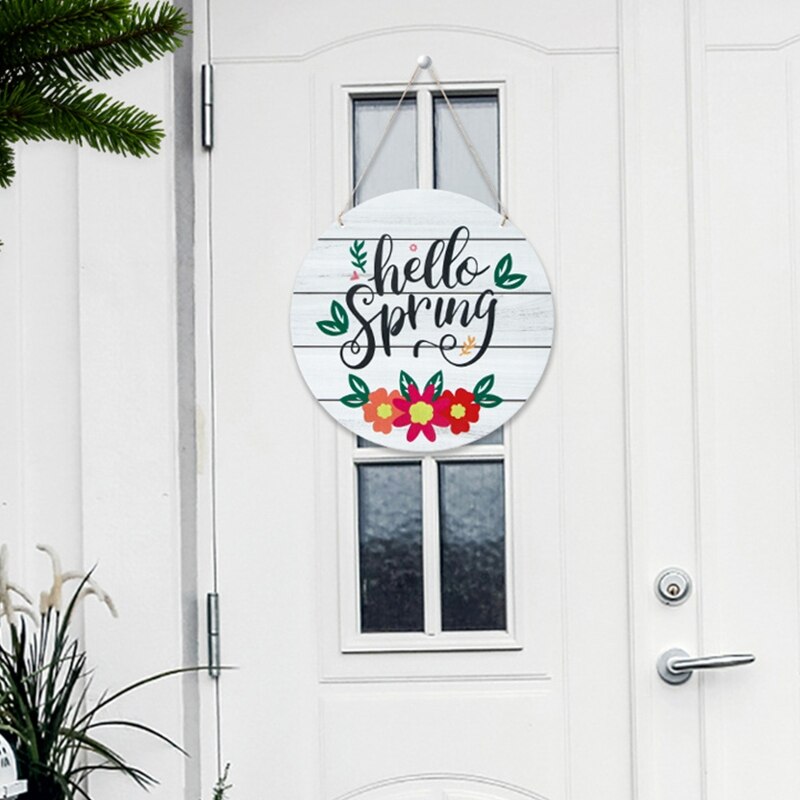 12 Inches Hello Spring Sign Wooden Rustic Front Door Hanger Festival Wall Hanging Plaque Home Garden Decorations for Easter