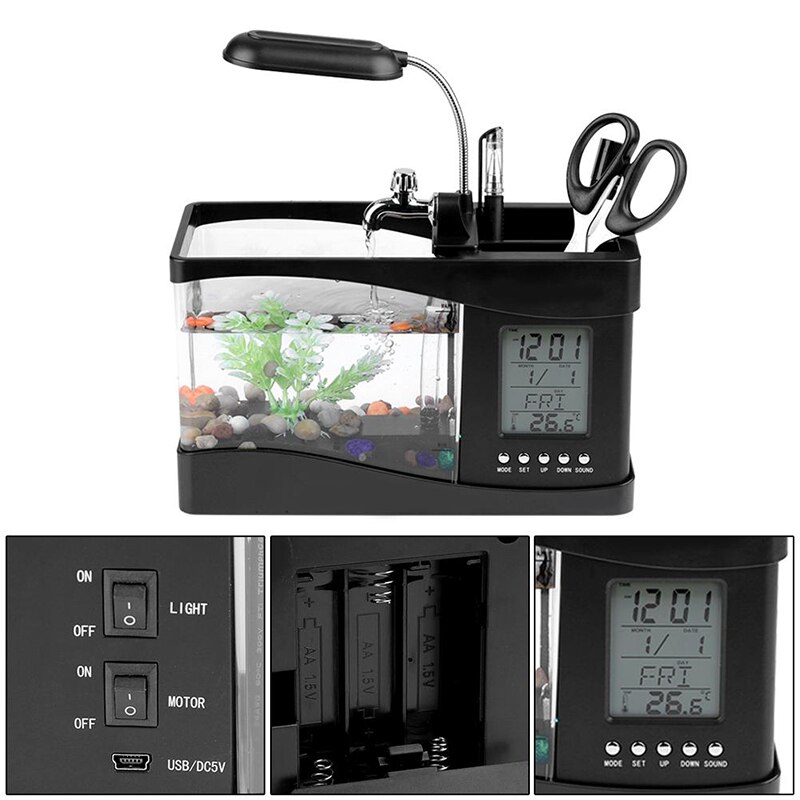 Mini akvarium fisk tank usb skrivbord akvarium med led ljus lcd skärm och klocka fisk tank dekoration med småsten