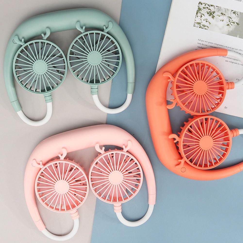 Neck Band Fan Portable Mini Double Wind Head Neckband Fan with USB Rechargeable Air Cooler for Traveling Outdoor Office Portable