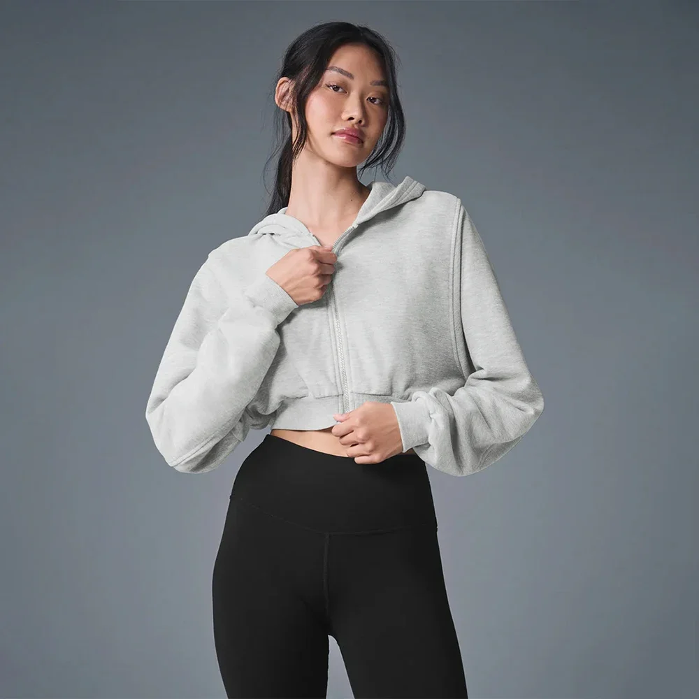 AL hoodie Jacket Full zip Yoga short coat Comfortable Gym outdoor sports Fitness jogging loose casual hoodie jacket: S / GRAY
