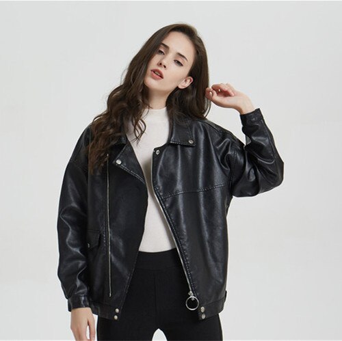 Long Sleeve Zip-up Jacket Female Autumn Leather Jacket Oversized Faux Leather Woman Coat