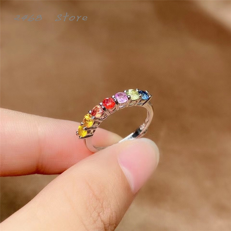 The 925 silver inlaid natural colored sapphire ring, rainbow color, exquisite small row ring, fashionable and versatile