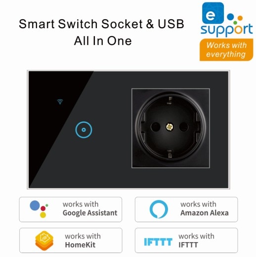 2 In 1 Wall Smart Switch Socket Tempered Glass for Ewelink and smart life APP Touching Button Wall Smart Light Controlling Panel: 1gang black