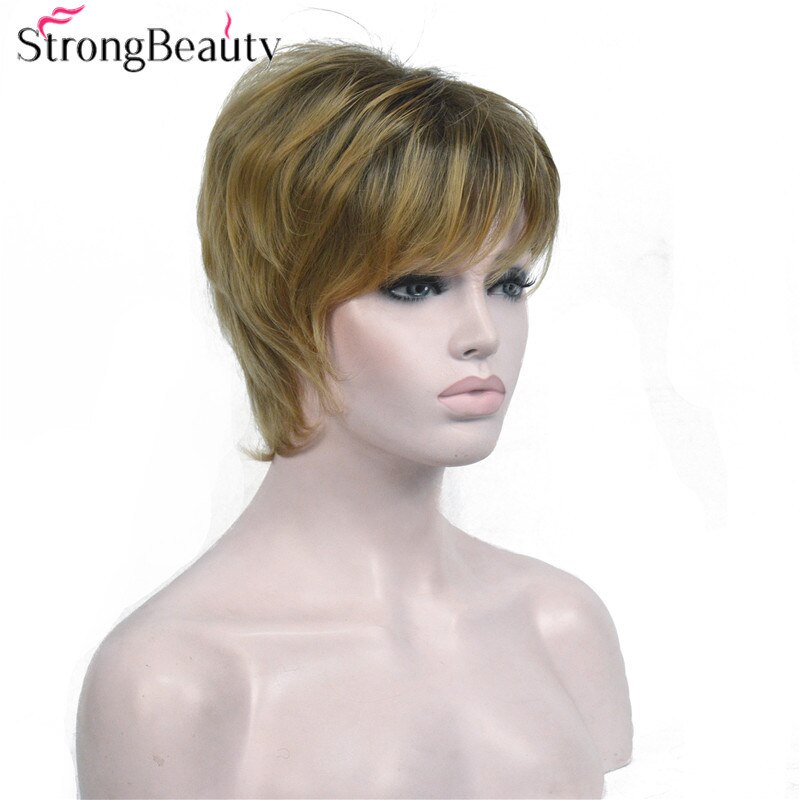StrongBeauty Short Straight Synthetic Capless Wig Brown/Blonde Mix Layered Haircut Hair Natural Wigs