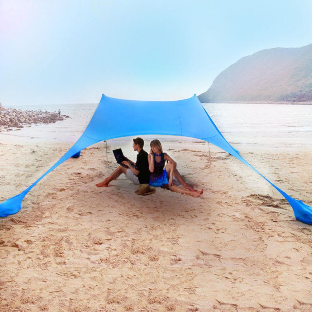 Familie Strand Parasol Tent Met Zandzak Ankers 4 Gratis Pinnen Uv-bescherming Canopy Voor Parken Buitenzonwering Zon Onderdak Dekzeil