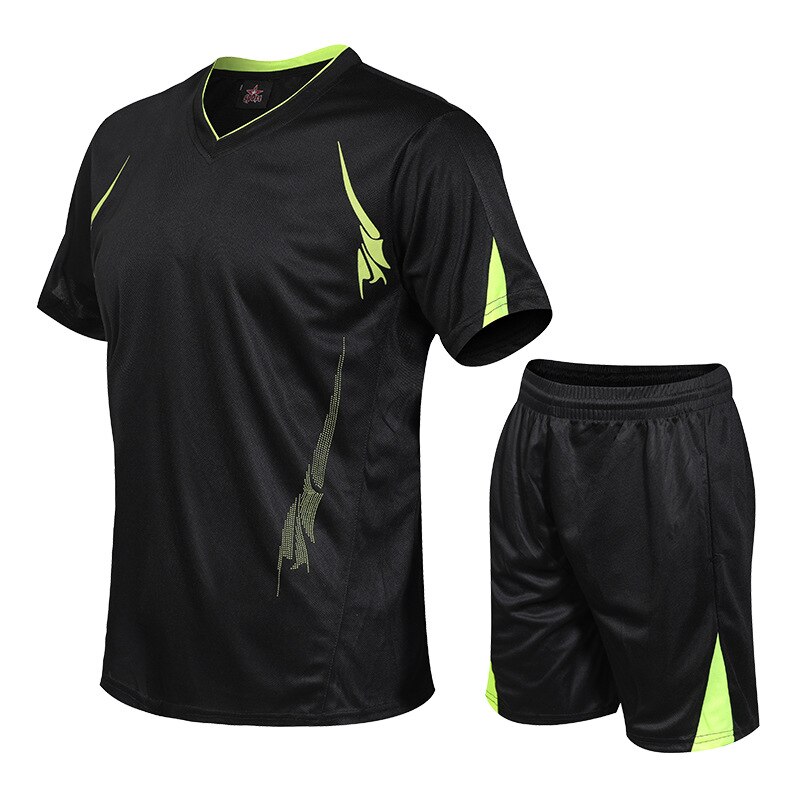 summer sports and fitness quick-drying two-piece football running training physical training suit men: Black / XL