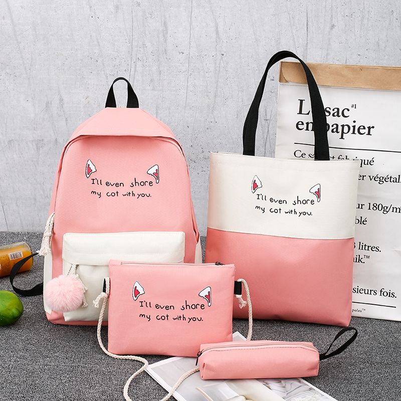 Tienermeisjes Rugzakken Voor Hoge Schooltassen 4 Stks/set Nylon Patchwork Campus Middelbare School Student Rugzak Vrouwen: Roze