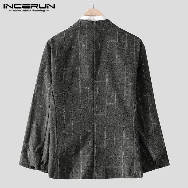 INCERUN Men Plaid Blazers Long Sleeve Turn Down Collar Streetwear Men Casual Suit Leisure Business Jackets Pockets Blazer