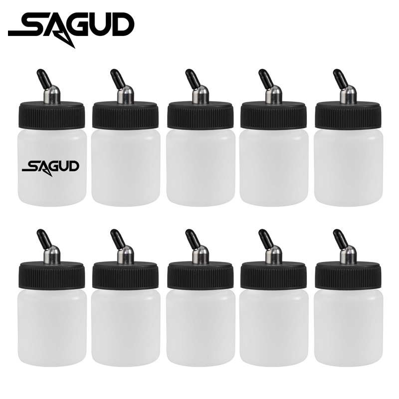 SAGUD Juego de botellas de aerógrafo con tarro de plástico de 10 piezas 30 ° /60 ° Adaptador de ángulo inferior con cubiertas de tapa de tarro para aerógrafos de acción simple/doble