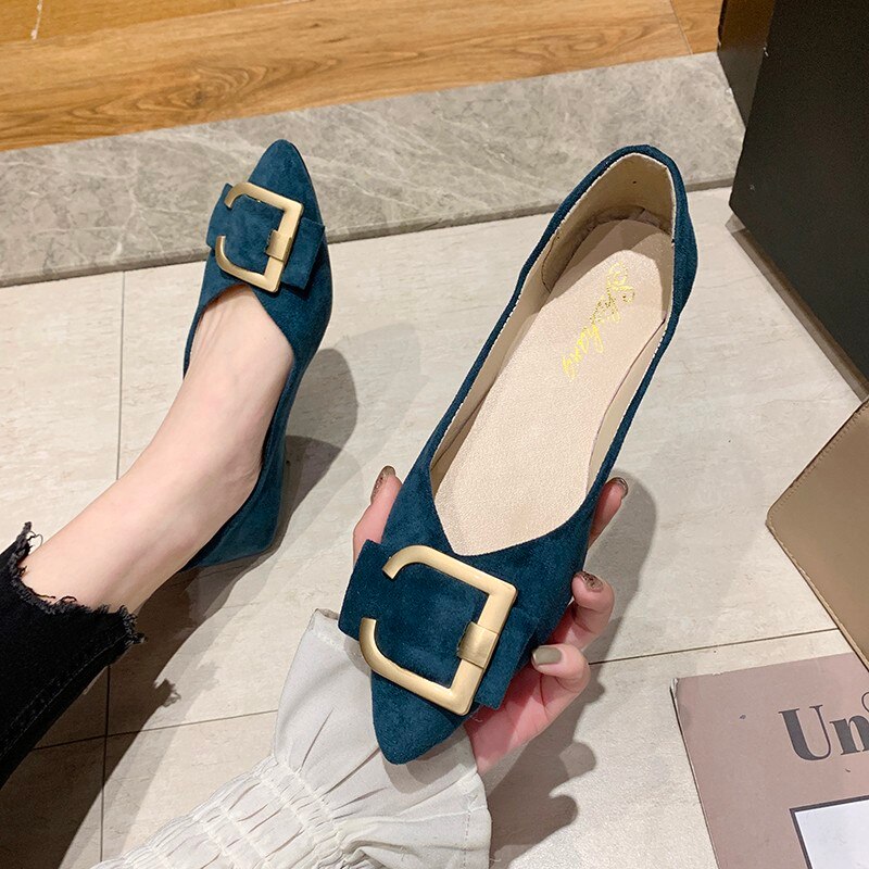 Spring Women Flats Black Pointed Toe Ballet Flats Metal Boat Shoes Woman Flock Casual Shoes Female Loafers Blue Khaki 7952C: Blue / 4.5