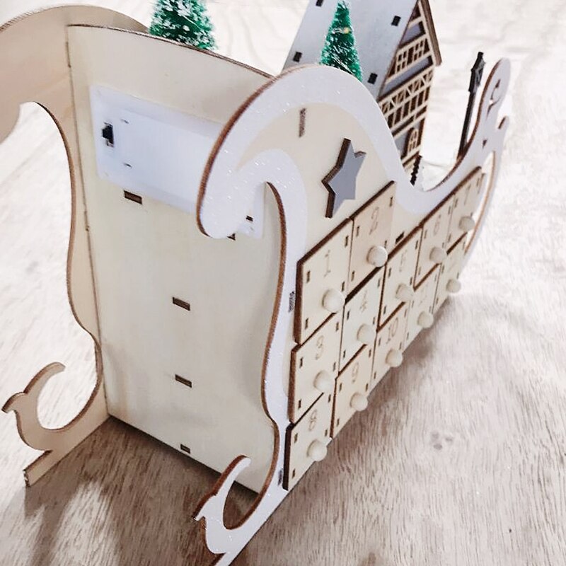 Tree House Sleigh Wooden Advent Calendar Countdown Christmas Party Decor 24 Drawers with LED Light Ornament