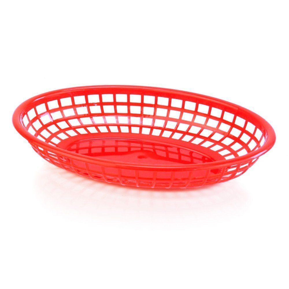 6pcs Oval Plastic Fast Food Baskets Dishes and Plates sets Serving Tray Food Serving Basket Bar Restaurant Supply: Red