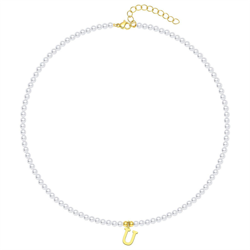 Gouden Letters Initial Hanger Ketting Diy Naam Gesimuleerde Parels Kralen Kettingen voor Vrouwen Parel Vrouw Choker Sieraden: Blue White Zinc Plated