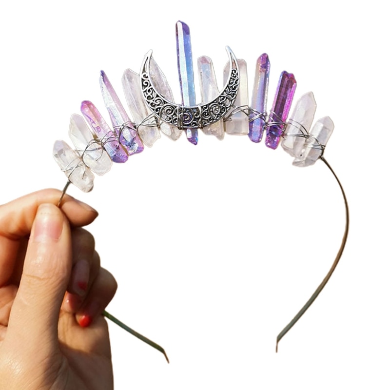 Handmade Faux Raw Crystal Headband Quartz Black Moon Bridal Alloy Tiara Crown Ladies Wedding Party Bridal Jewely Headdress: 19