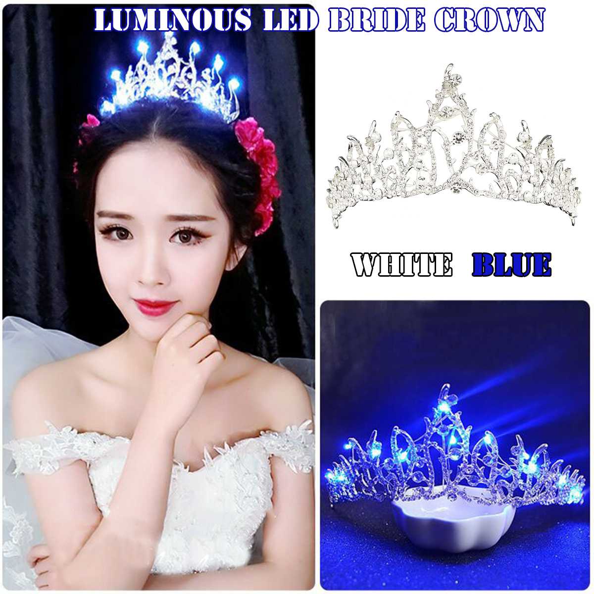 Självlysande diadem kronor för brud blå/vit ljus led krona för kvinnor fest bröllop headpiece hårprydnader kristall tiara