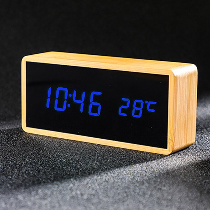 100% Bamboo Digital Alarm Clock Wooden LED Table Clock Electronic Despertador Desk Brightness Voice Snooze Control Temperature: 80-R-Blue