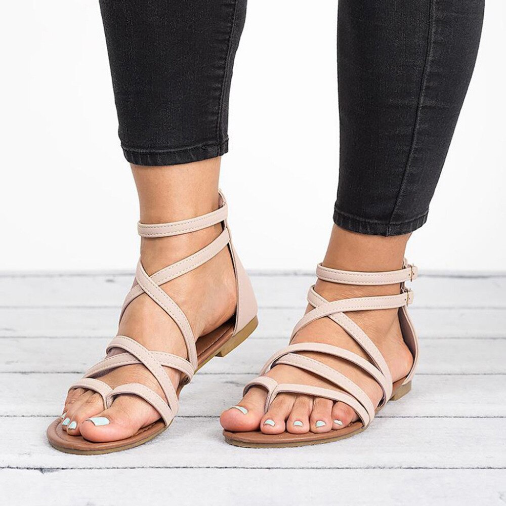 Women's Sandals Cross Tied Flat Sandals Zipper Summer Flat Roman Gladiator Beach Sandals Wedge Flat Sandals sandalias mujer