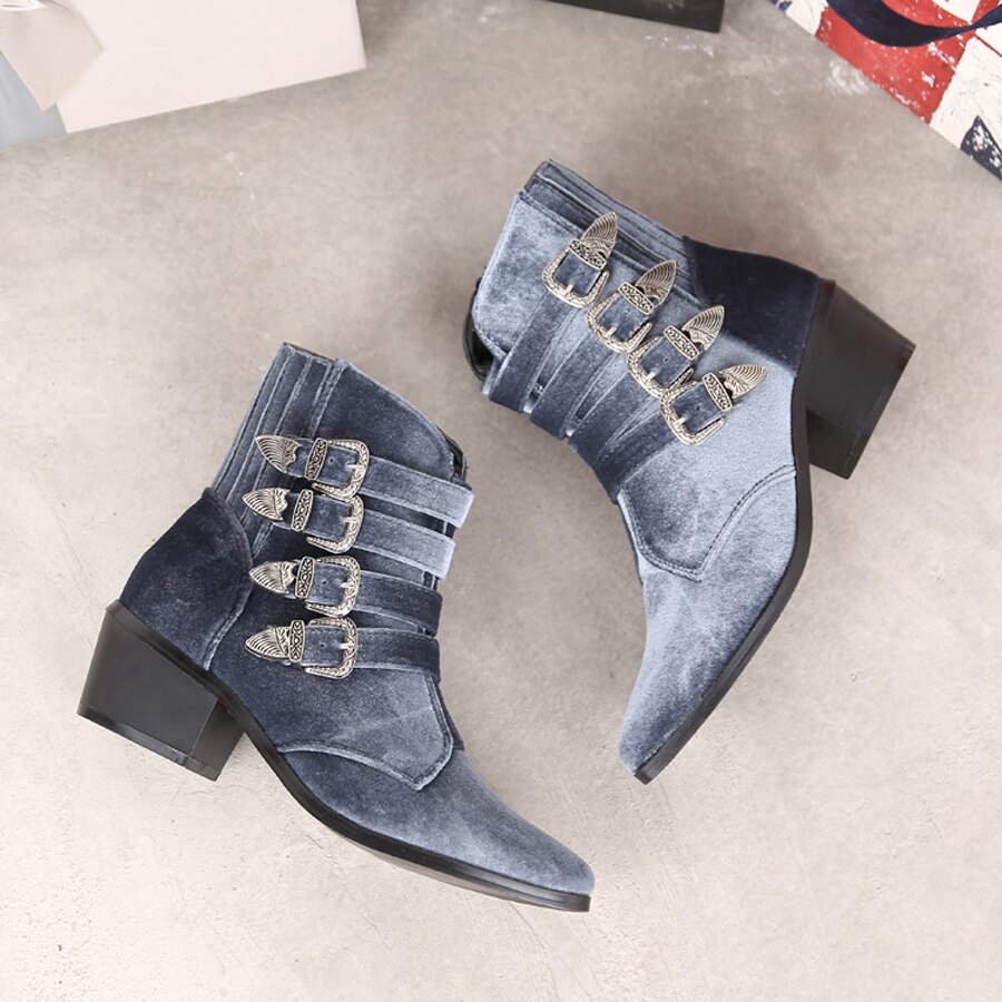 Frauen Samt Stiefel Reißverschluss Spitz Gürtel Schnalle hoch oben Knöchel Chelsea Stiefel Schuhe klobig Ferse Westlichen Neue 2 Farben